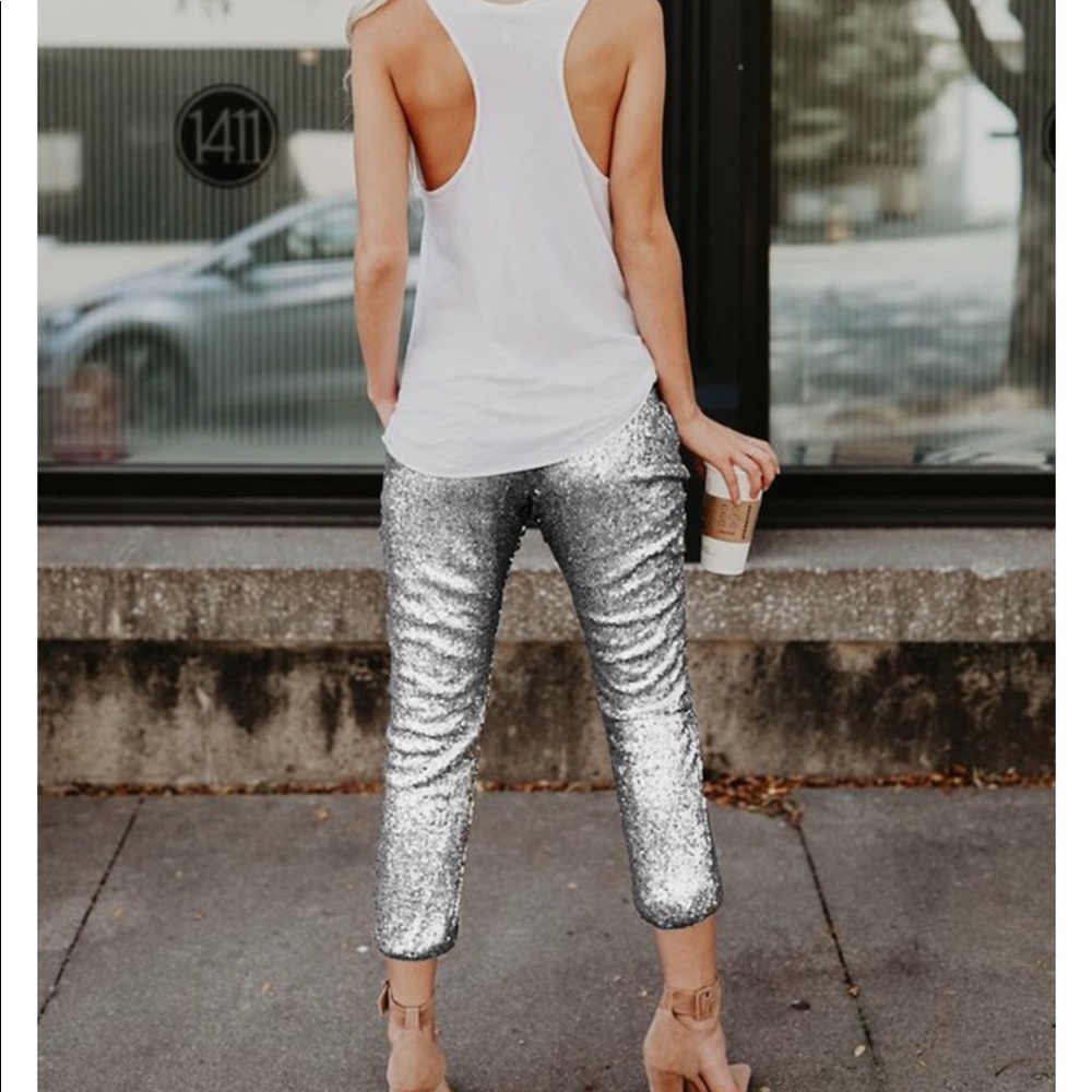 SALE. SILVER SEQUIN ANKLE JOGGERS 1 left - Picture 4 of 8